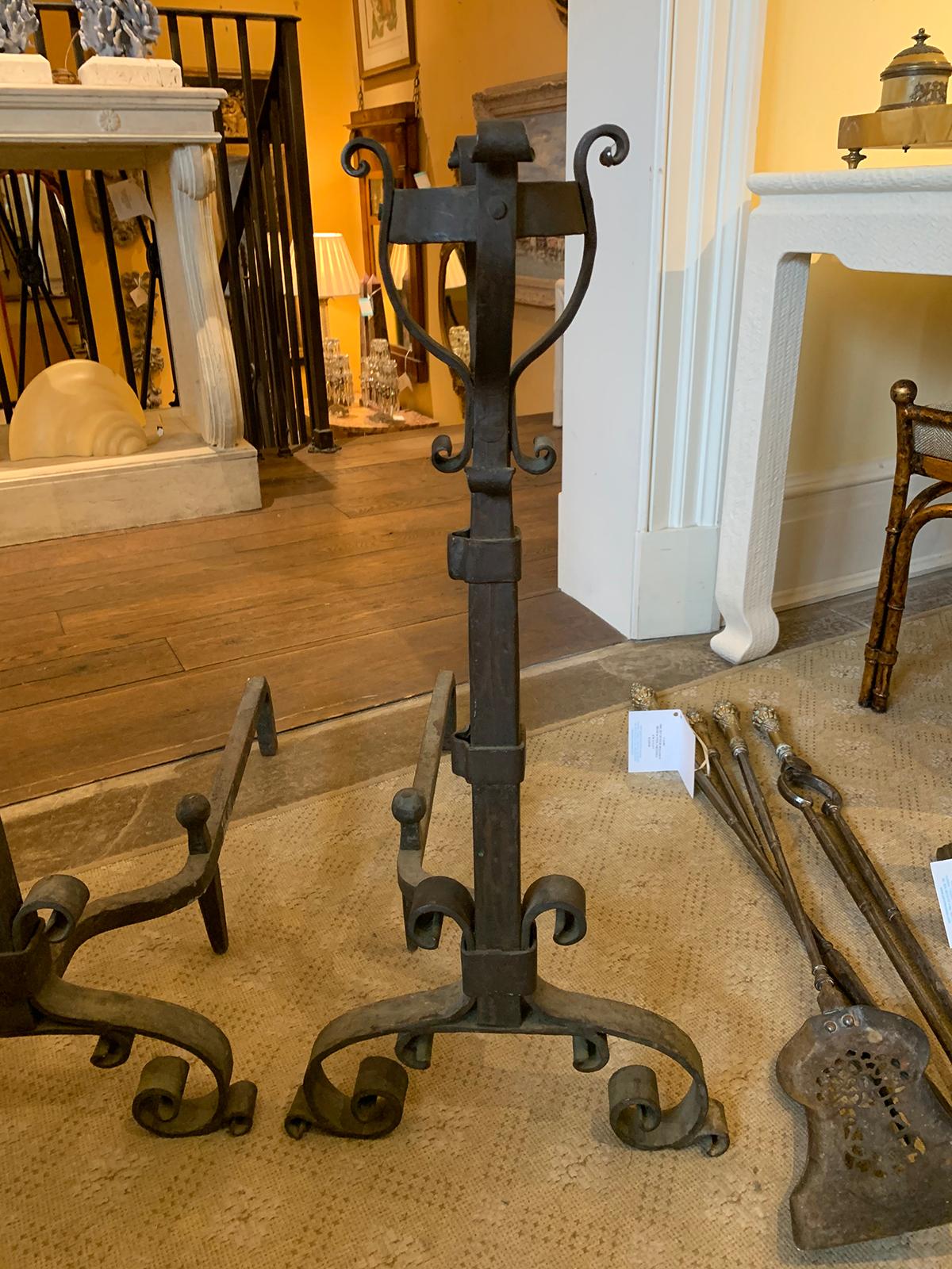 Pair of Early 20th Century Iron Andirons with Port Warmers For Sale 7