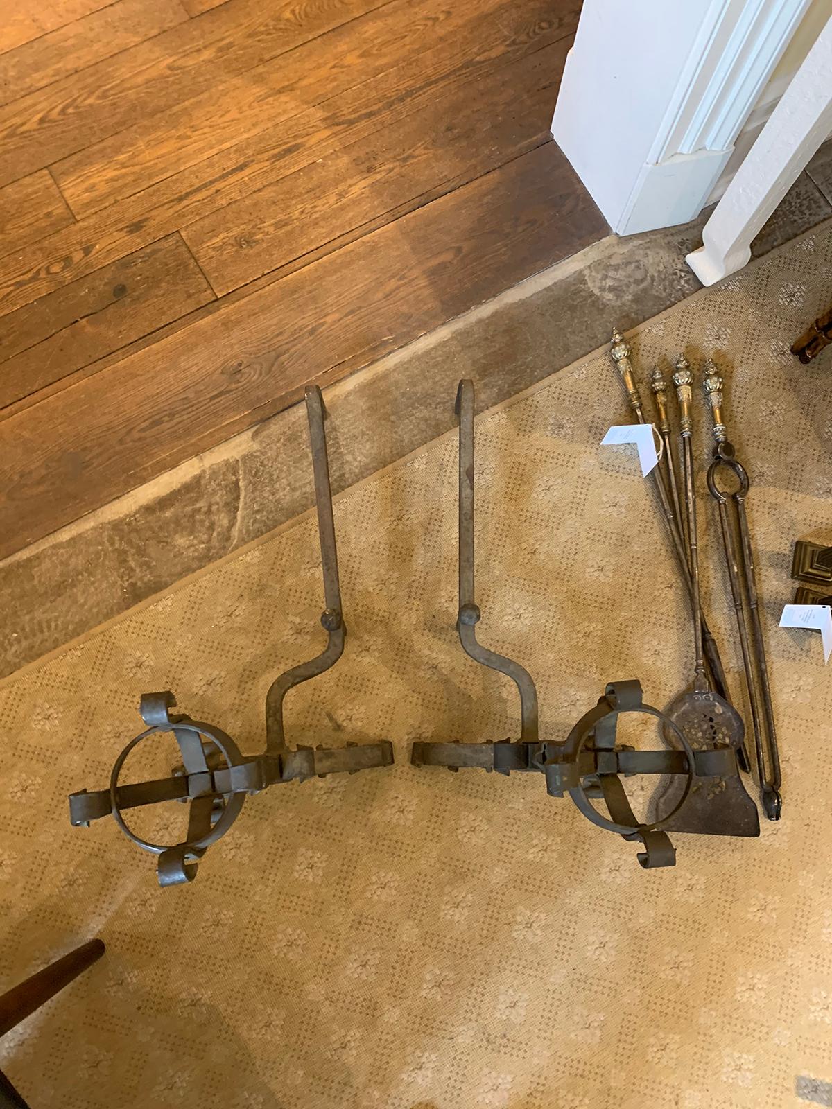 Pair of Early 20th Century Iron Andirons with Port Warmers For Sale 12