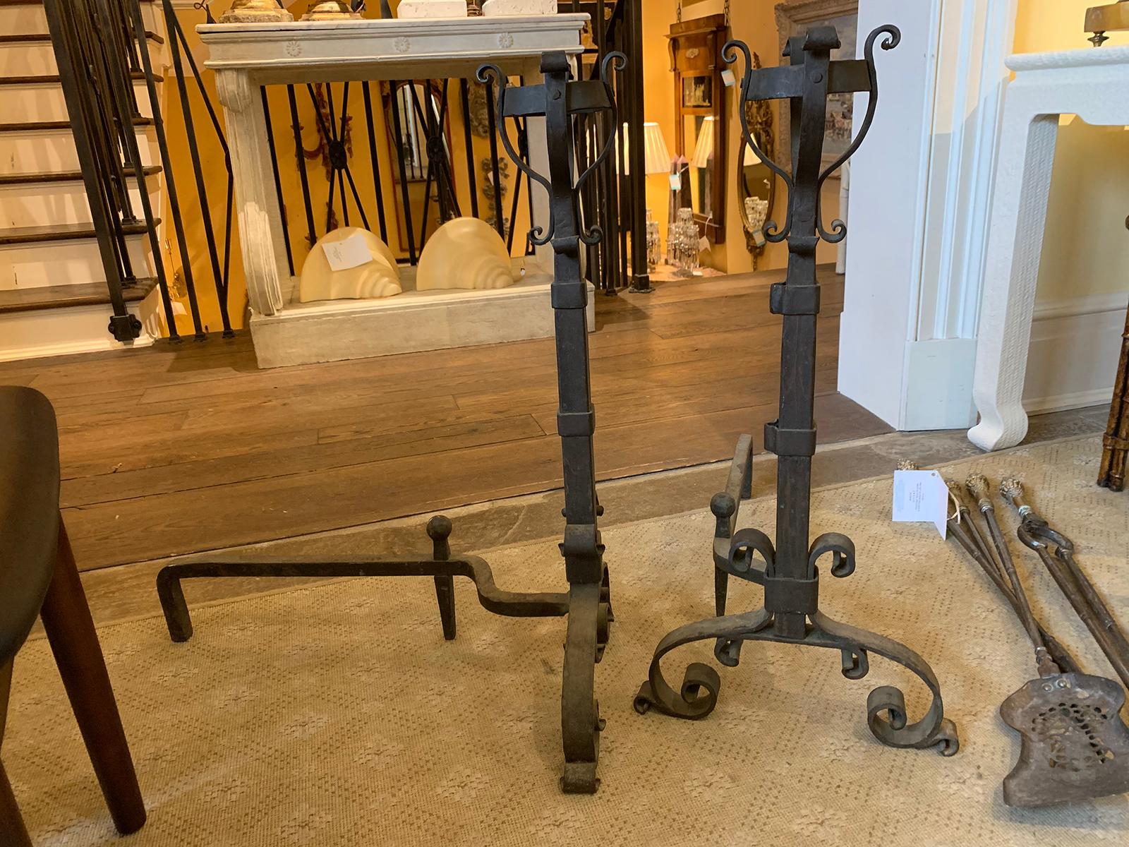 Pair of Early 20th Century Iron Andirons with Port Warmers For Sale 1