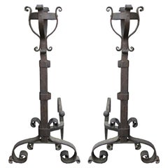 Pair of Early 20th Century Iron Andirons with Port Warmers