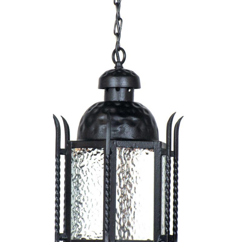 Pair of wrought iron lanterns with hammered glass panels. Can be used as exterior or interior lanterns. Price is for the pair. Completely restored, repainted, and rewired suitable for damp location.

Dimensions: 
Height: 22
Width (Diameter): 10.