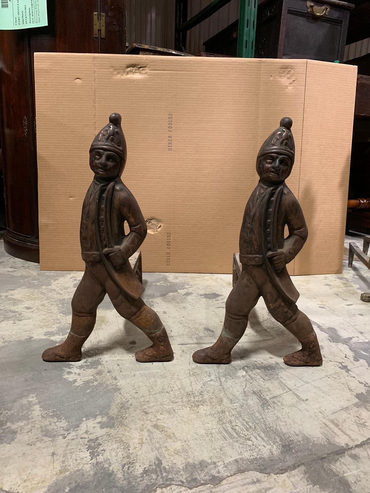 Pair of early 20th century iron Hessian soldier andirons.