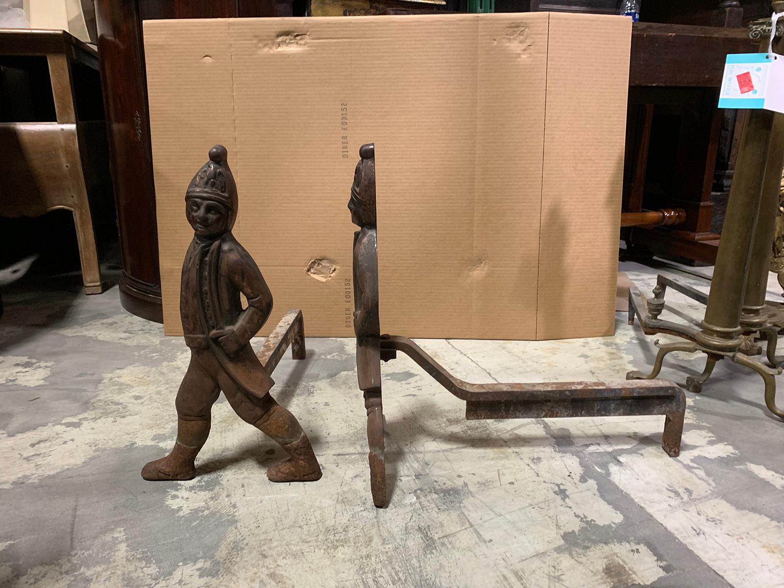 Pair of Early 20th Century Iron Hessian Soldier Andirons In Good Condition For Sale In Atlanta, GA