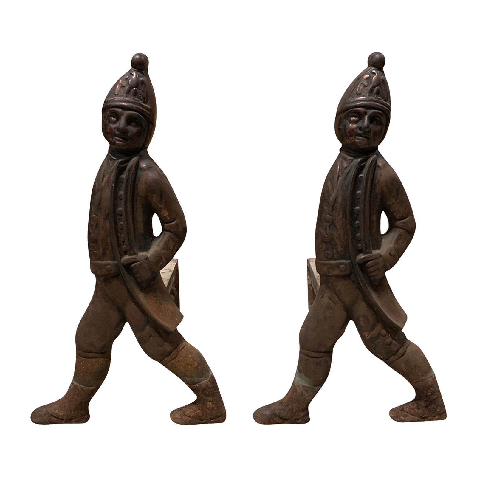 Pair of Early 20th Century Iron Hessian Soldier Andirons