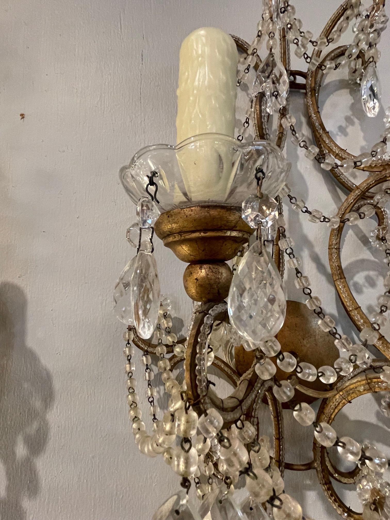 Pair of Early 20th Century Italian Beaded 2 Light Wall Sconces In Good Condition For Sale In Dallas, TX