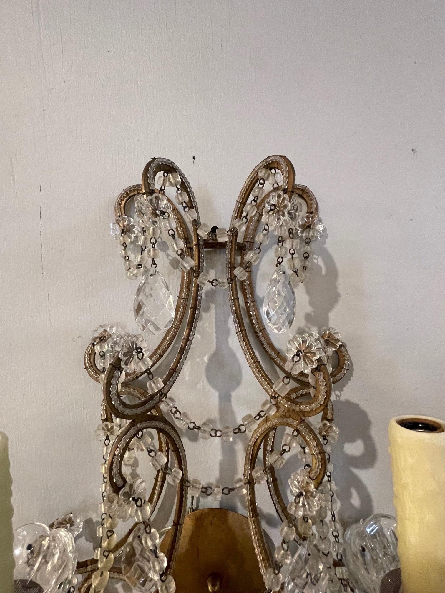Metal Pair of Early 20th Century Italian Beaded 2 Light Wall Sconces For Sale