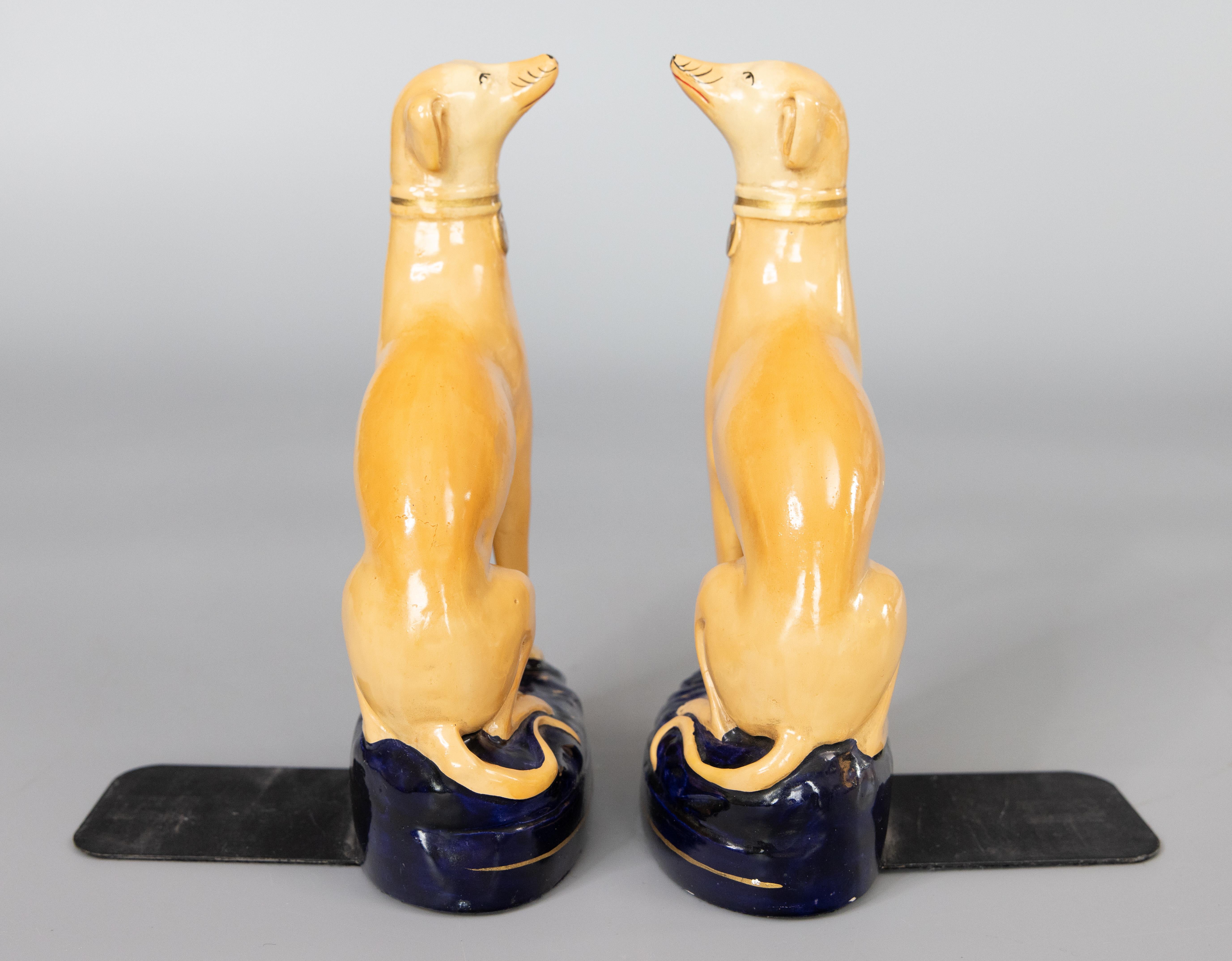 Hand-Painted Pair of Early 20th Century Italian Borghese Whippet Greyhound Dog Bookends