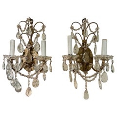 Antique Pair of Early 20th Century Italian Brass and Crystal Wall Sconces