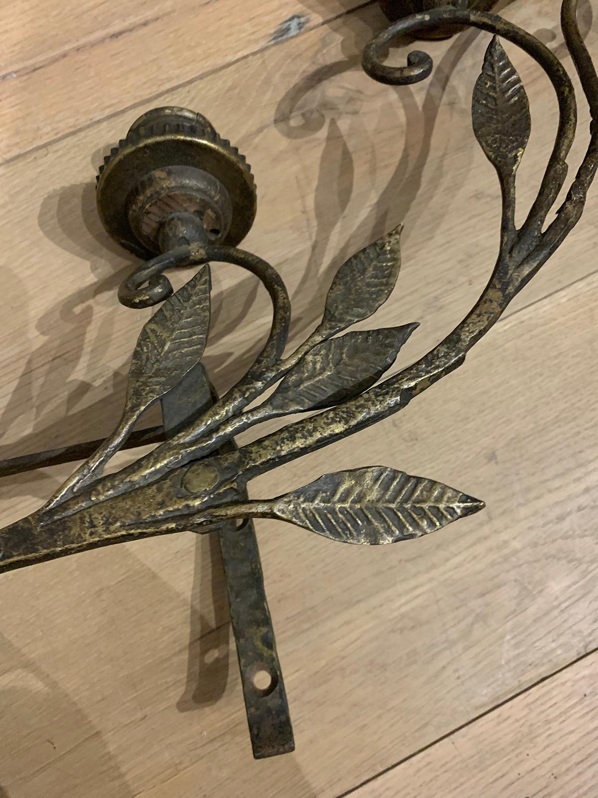 Pair of Early 20th Century Italian Brass Six-Light Sconces with Tole, Wood, Iron For Sale 9