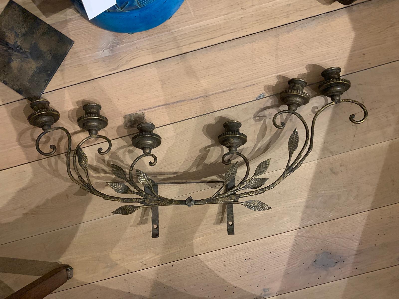 Pair of Early 20th Century Italian Brass Six-Light Sconces with Tole, Wood, Iron For Sale 10