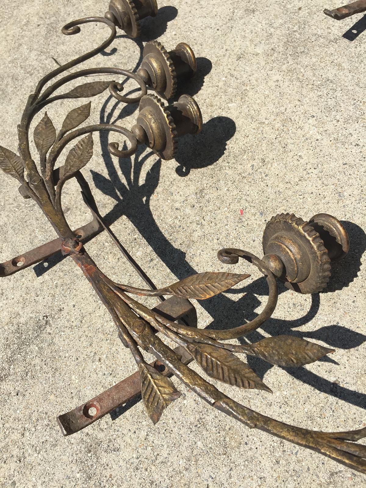 Pair of Early 20th Century Italian Brass Six-Light Sconces with Tole, Wood, Iron For Sale 11