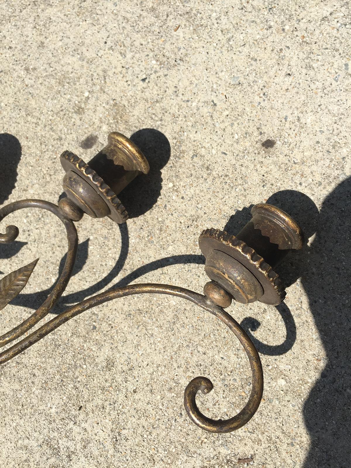 Pair of Early 20th Century Italian Brass Six-Light Sconces with Tole, Wood, Iron For Sale 12