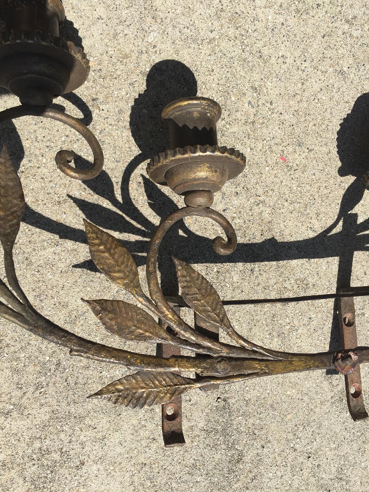 Pair of Early 20th Century Italian Brass Six-Light Sconces with Tole, Wood, Iron For Sale 13