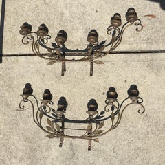 Pair of Early 20th Century Italian Brass Six-Light Sconces with Tole, Wood, Iron