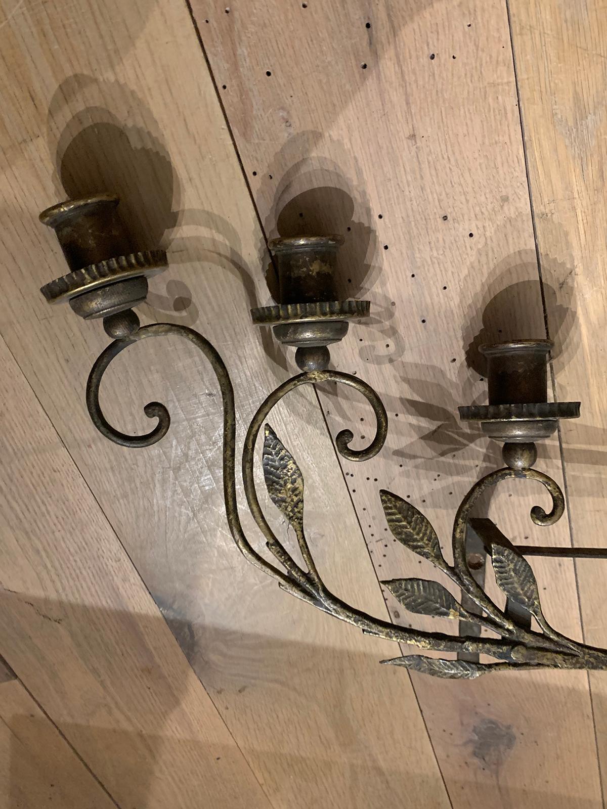 Pair of Early 20th Century Italian Brass Six-Light Sconces with Tole, Wood, Iron In Good Condition For Sale In Atlanta, GA