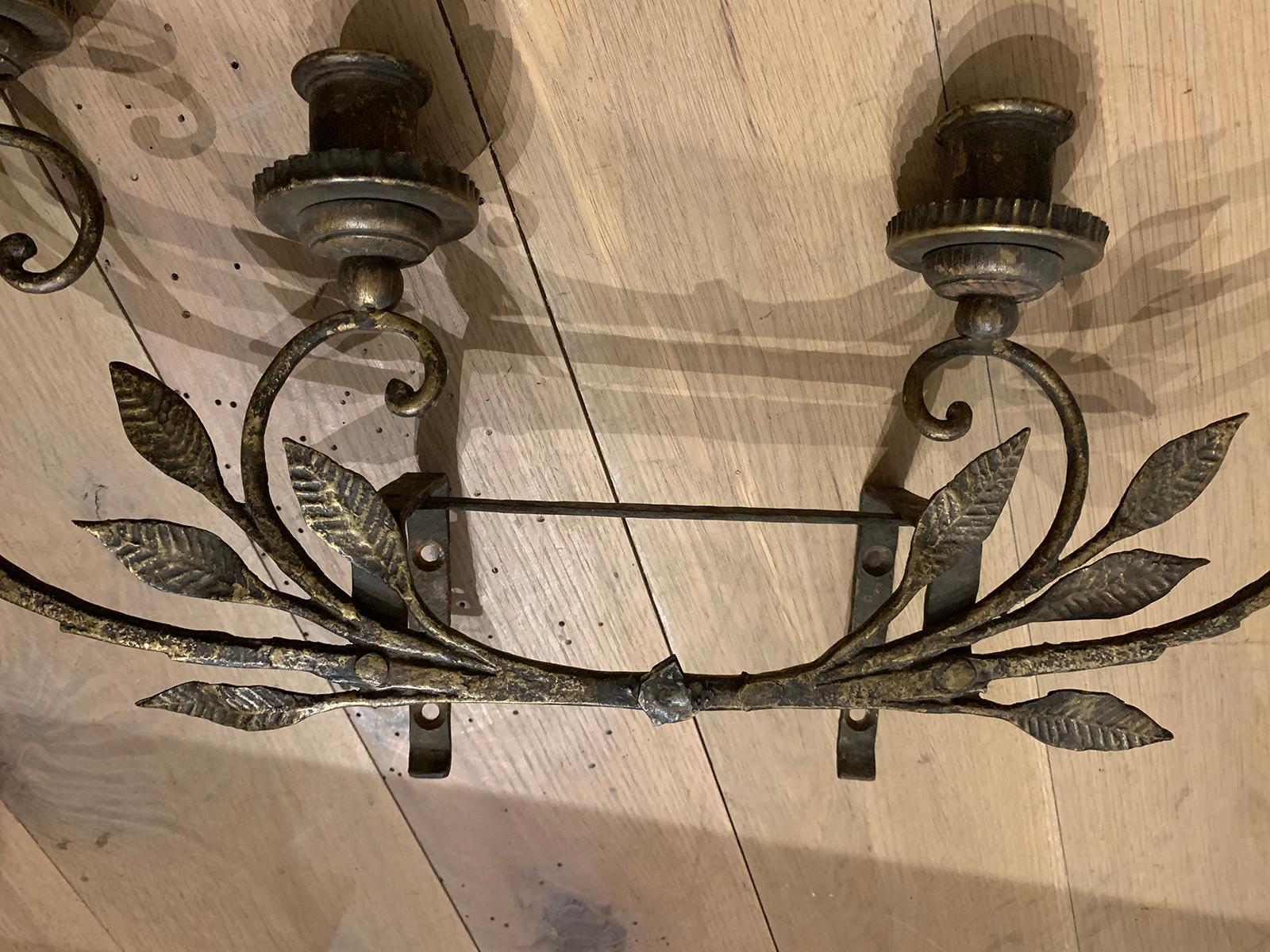 Pair of Early 20th Century Italian Brass Six-Light Sconces with Tole, Wood, Iron For Sale 1