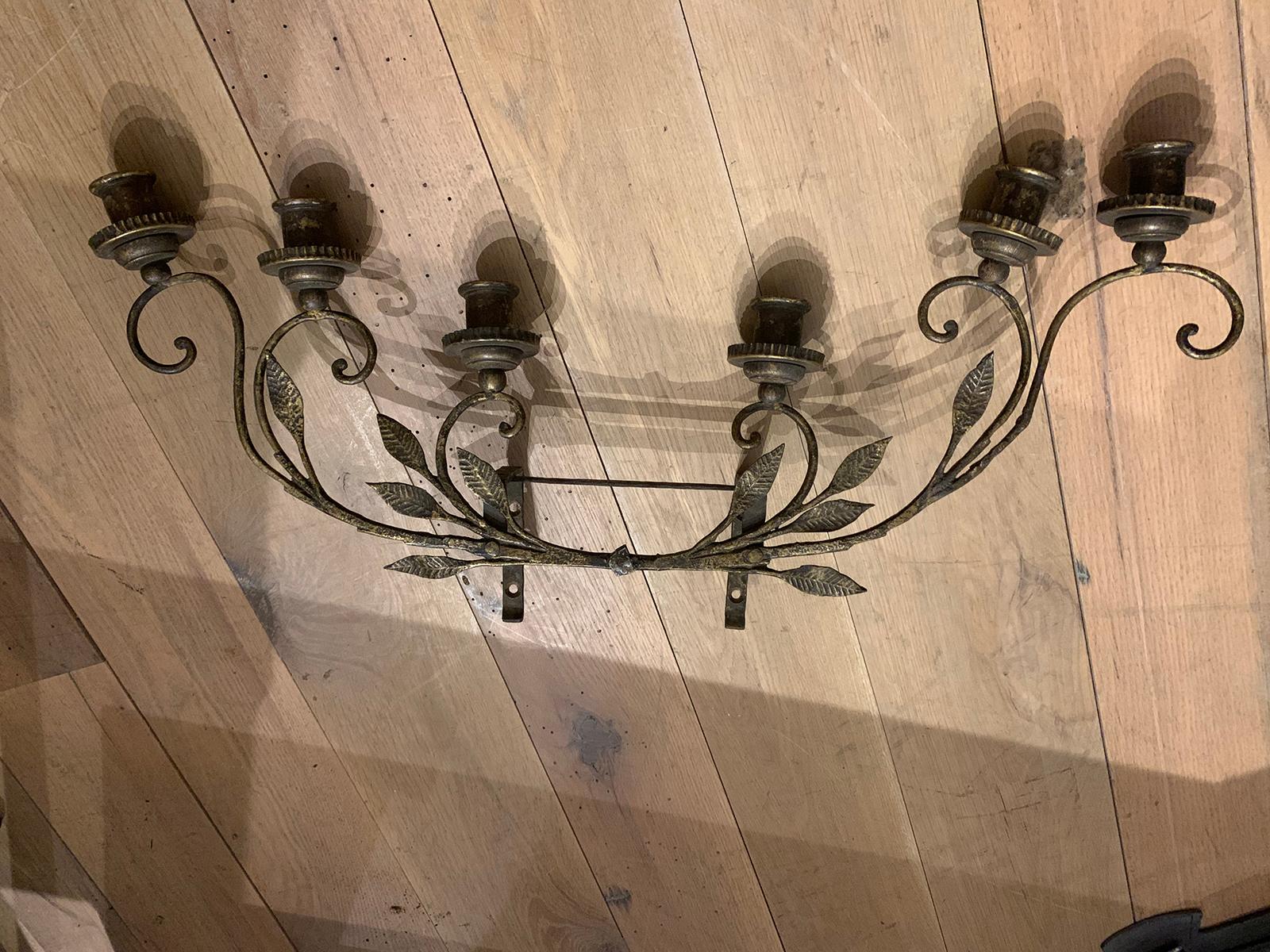 Pair of Early 20th Century Italian Brass Six-Light Sconces with Tole, Wood, Iron For Sale 2