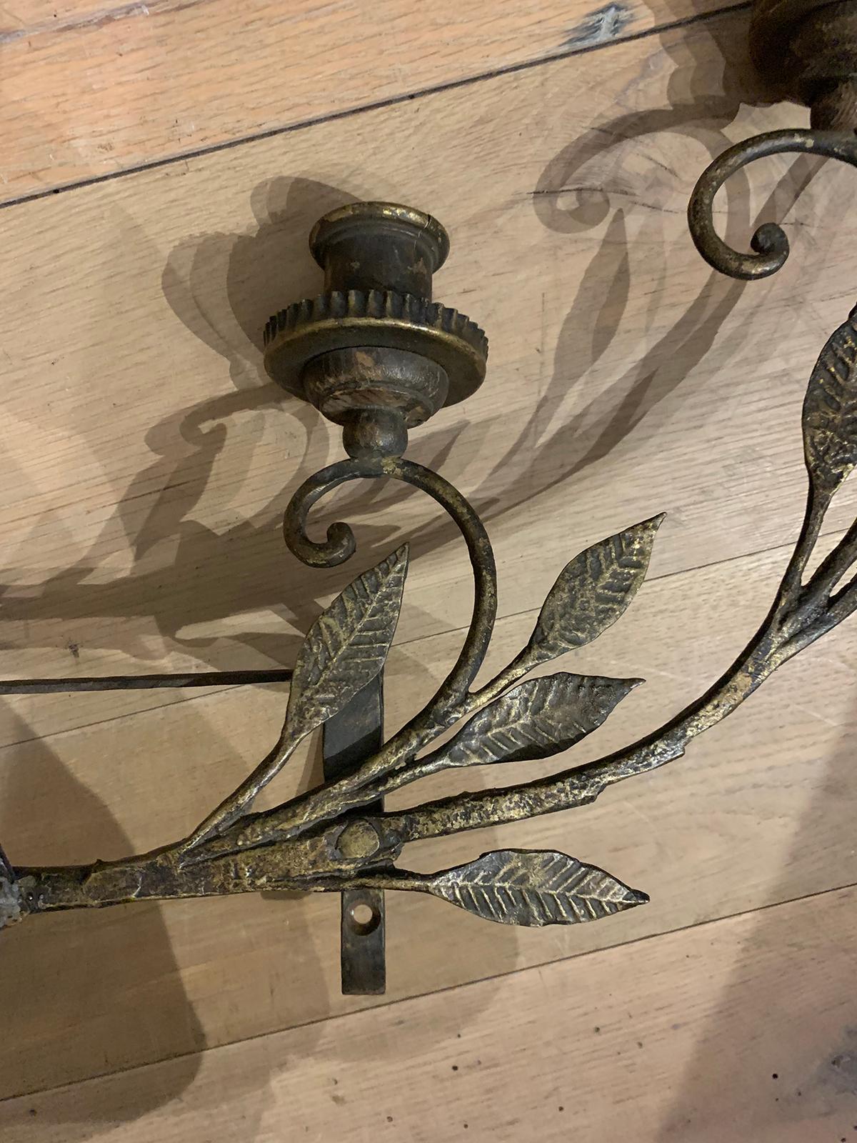 Pair of Early 20th Century Italian Brass Six-Light Sconces with Tole, Wood, Iron For Sale 3