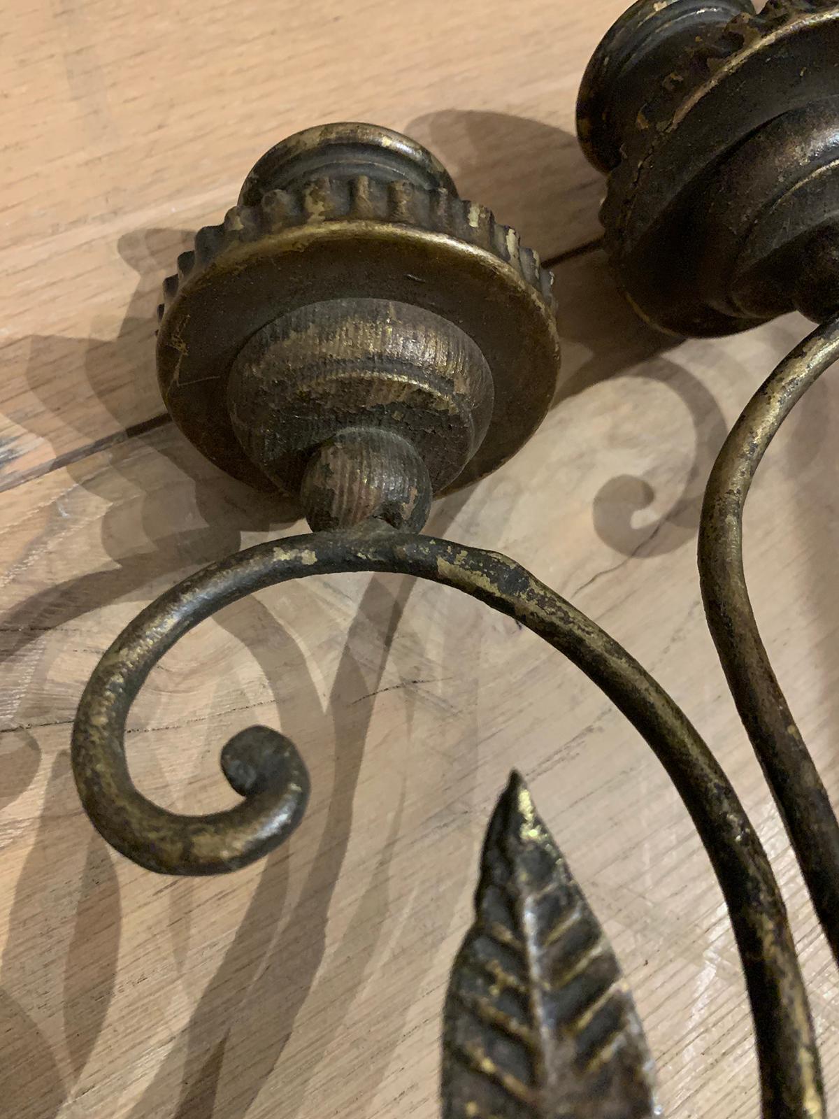 Pair of Early 20th Century Italian Brass Six-Light Sconces with Tole, Wood, Iron For Sale 5