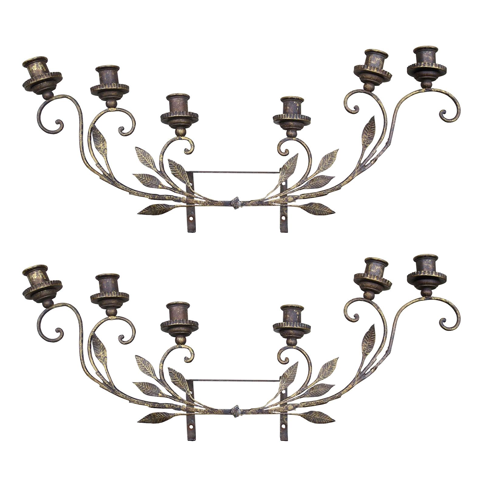 Pair of Early 20th Century Italian Brass Six-Light Sconces with Tole, Wood, Iron For Sale