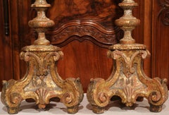 Pair of Early 20th Century, Italian Carved Giltwood and Painted Candlesticks