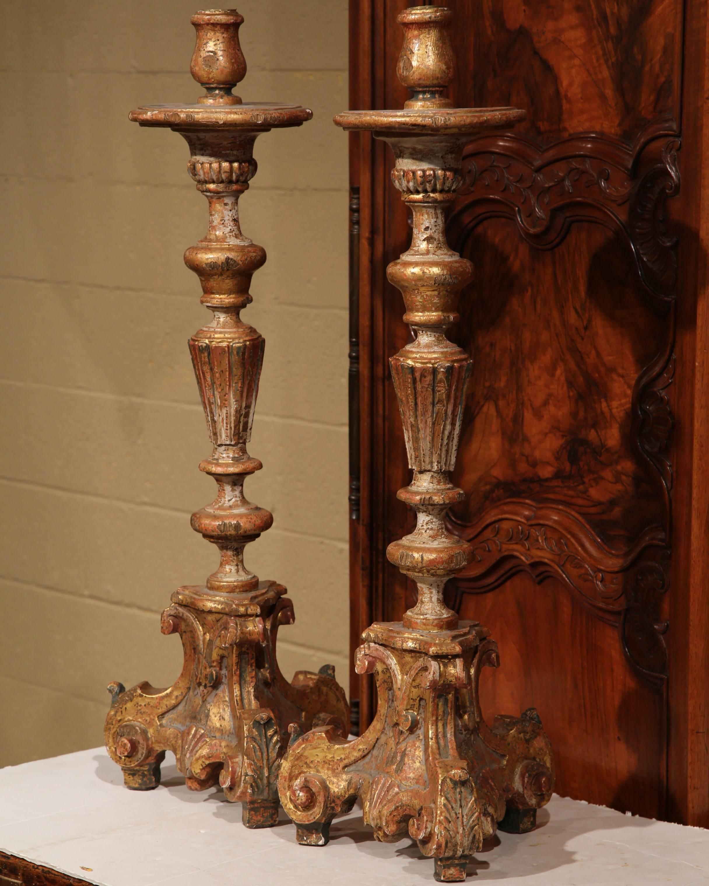 Hand-Carved Pair of Early 20th Century, Italian Carved Giltwood and Painted Candlesticks