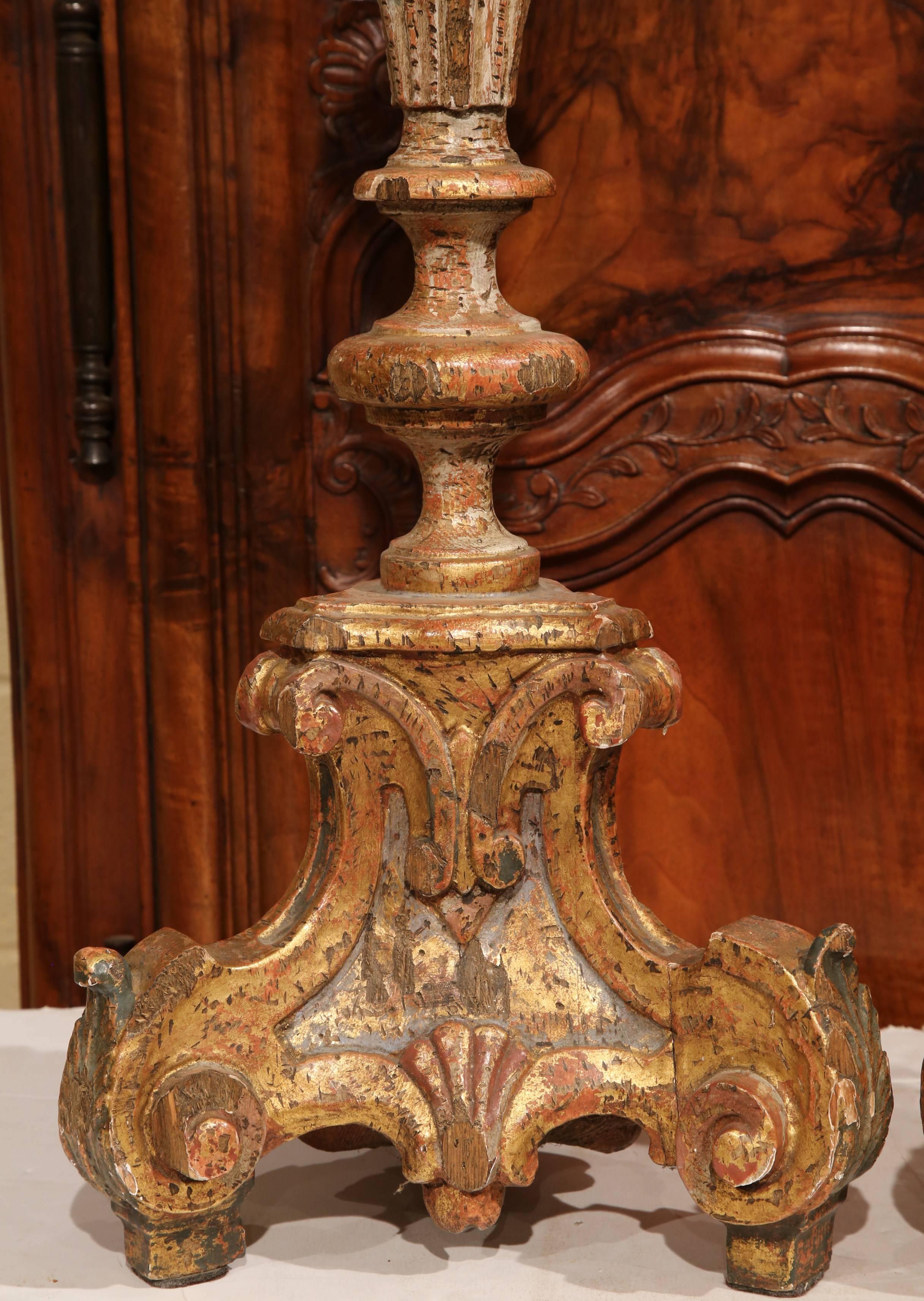 Pair of Early 20th Century, Italian Carved Giltwood and Painted Candlesticks In Excellent Condition In Dallas, TX