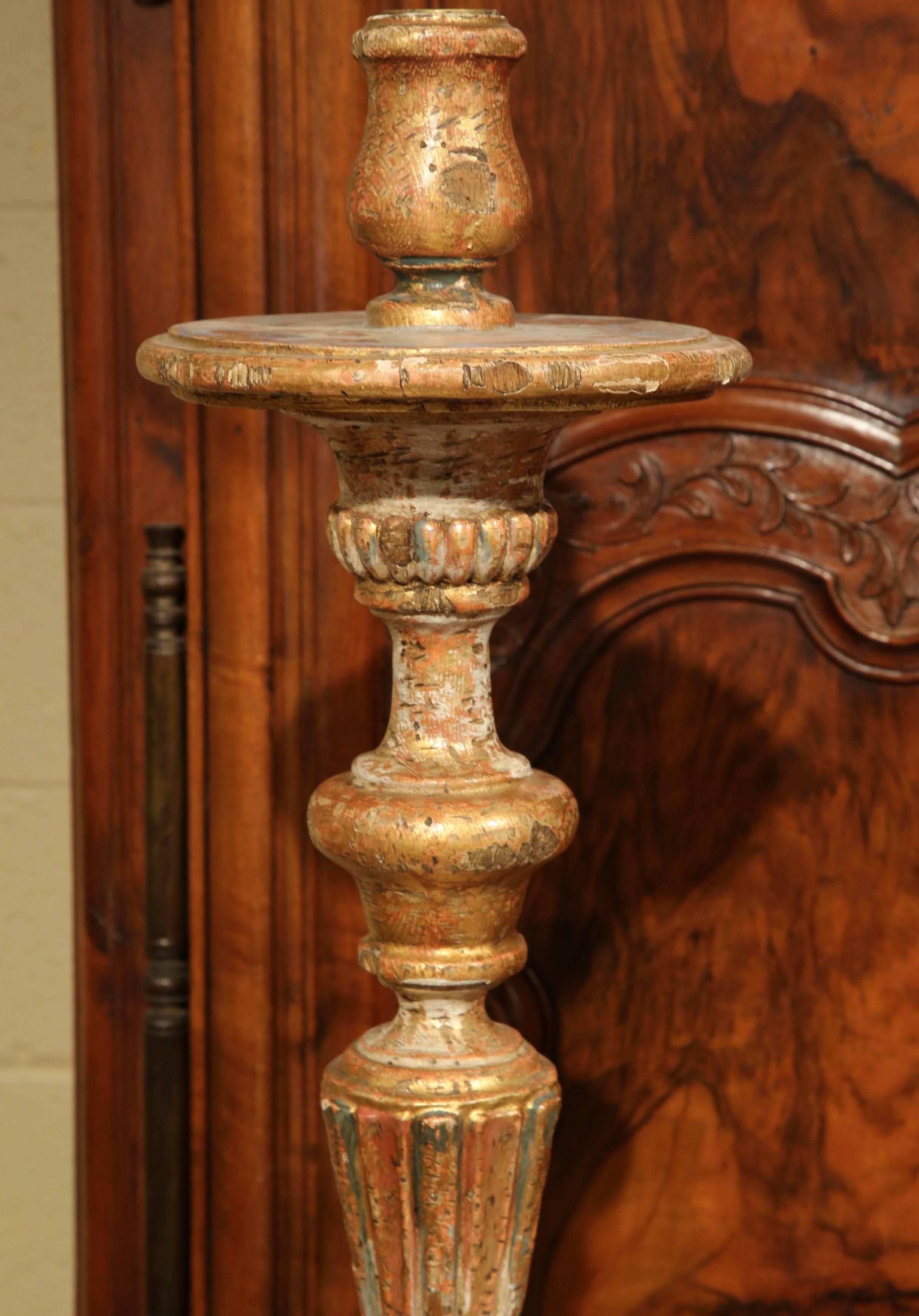 Pair of Early 20th Century, Italian Carved Giltwood and Painted Candlesticks 1