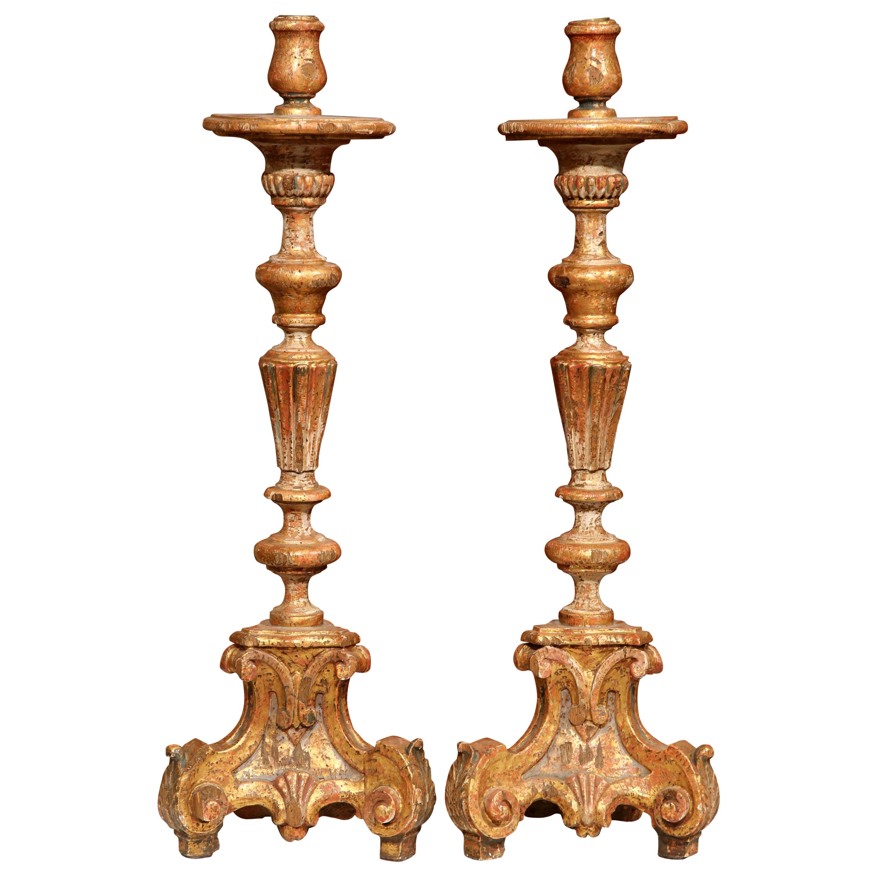 Pair of Early 20th Century, Italian Carved Giltwood and Painted Candlesticks