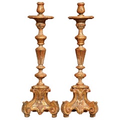 Pair of Early 20th Century, Italian Carved Giltwood and Painted Candlesticks