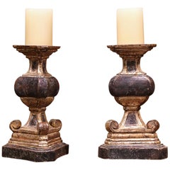 Pair of Early 20th Century Italian Carved Giltwood and Painted Candlesticks