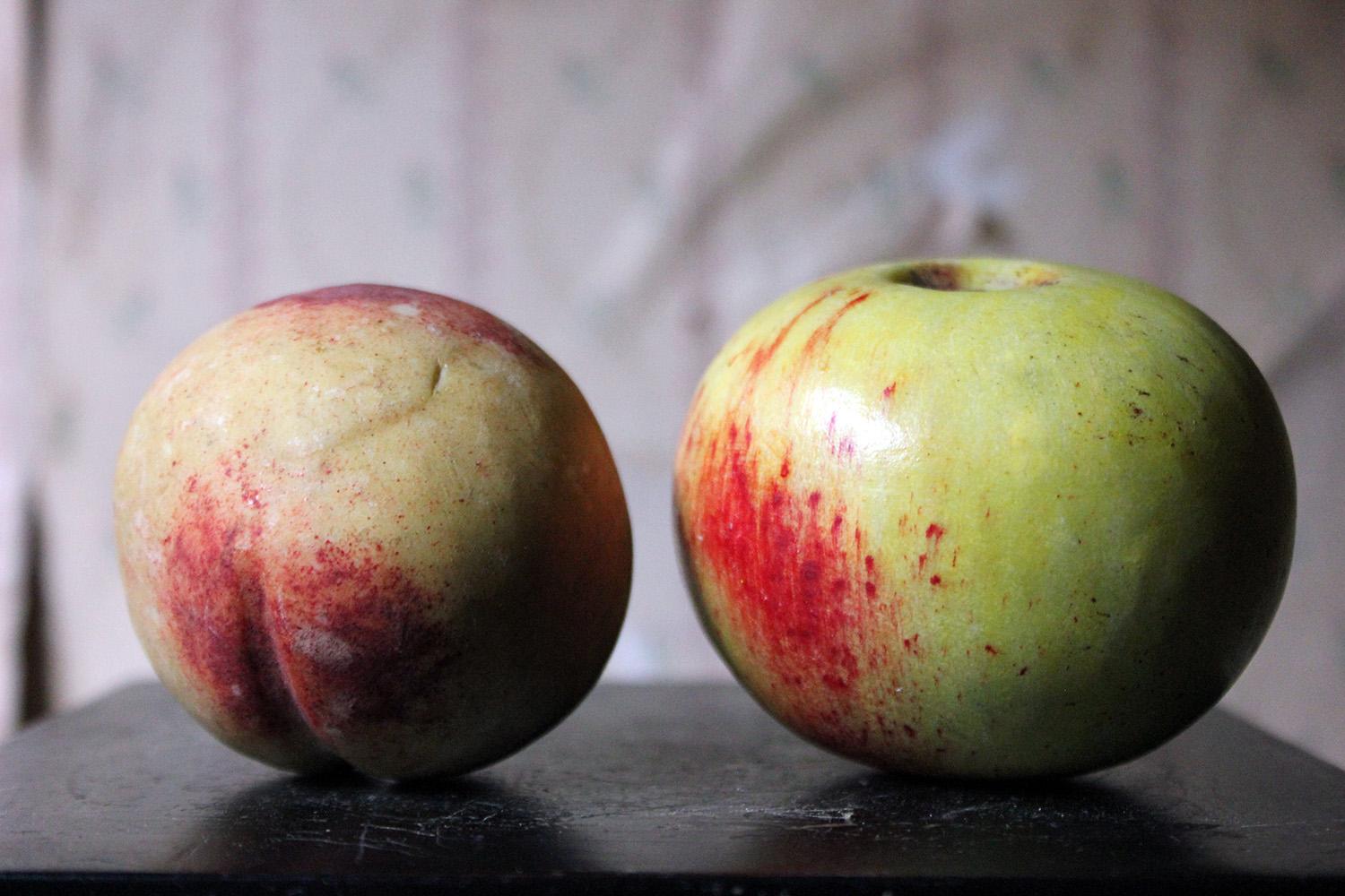 Hand-Painted Pair of Early 20th Century Italian Carved Marble Faux Fruits as an Apple & Peach