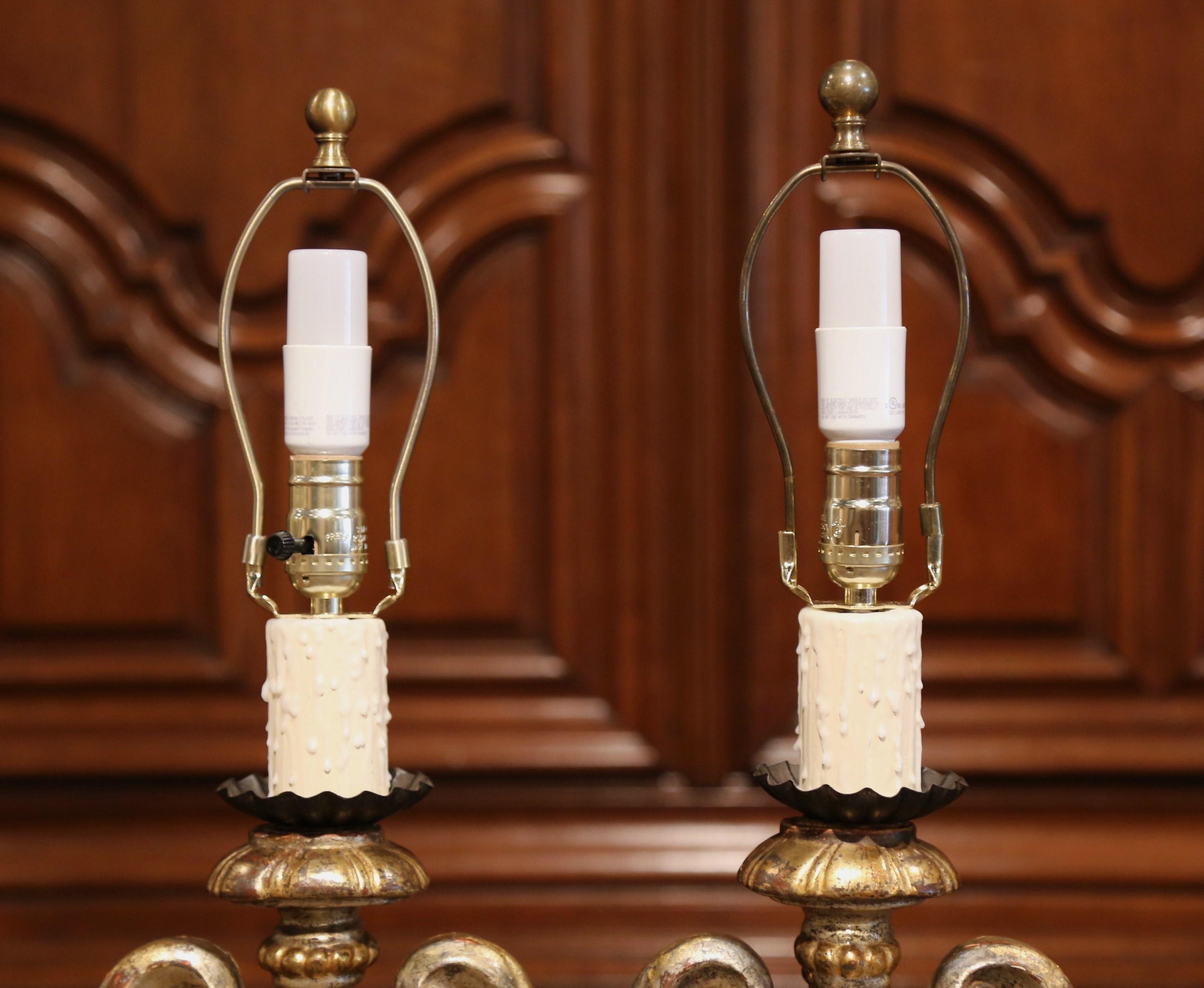 Pair of Early 20th Century Italian Carved Patinated Silver and Gilt Table Lamps 6