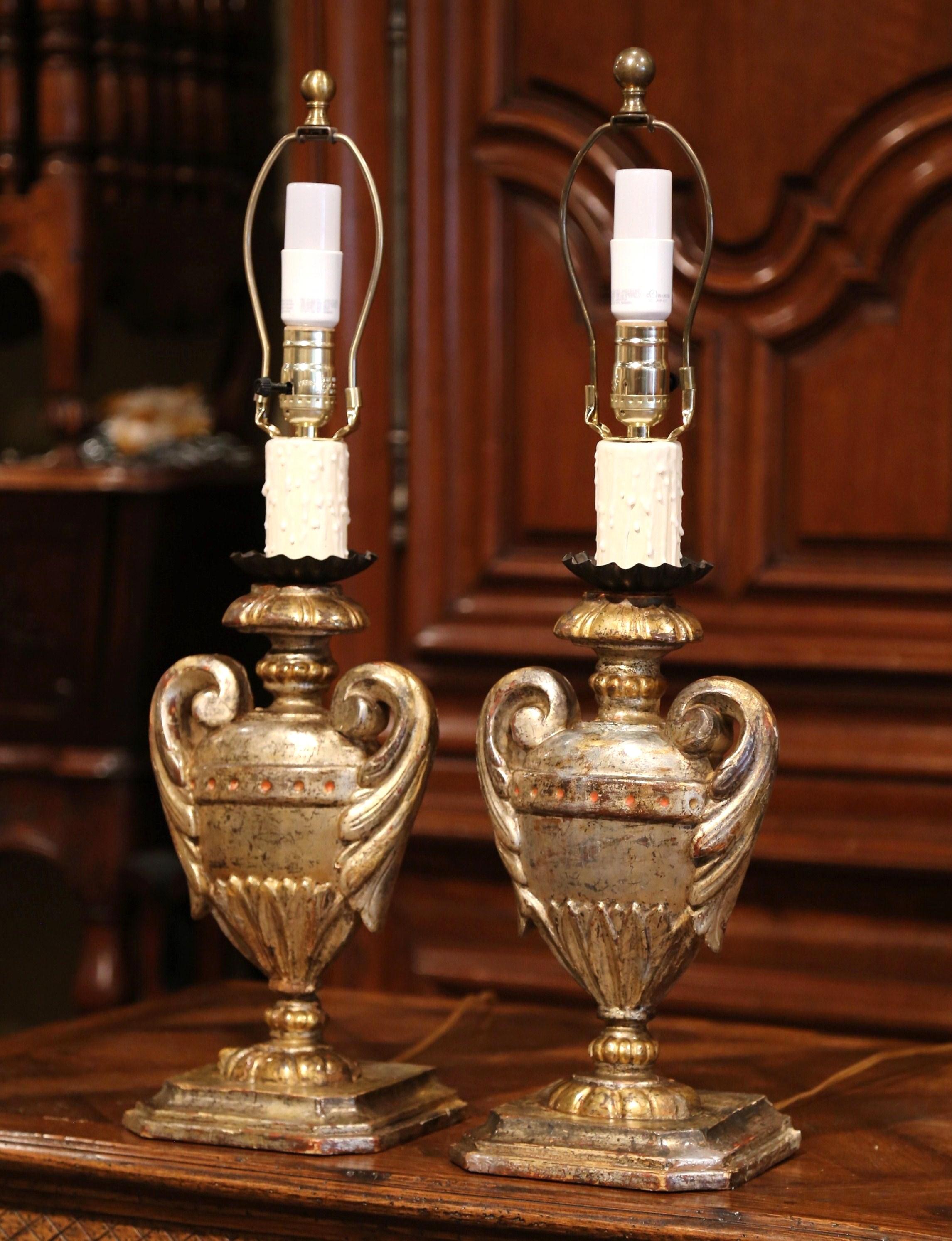 Pair of Early 20th Century Italian Carved Patinated Silver and Gilt Table Lamps In Excellent Condition In Dallas, TX