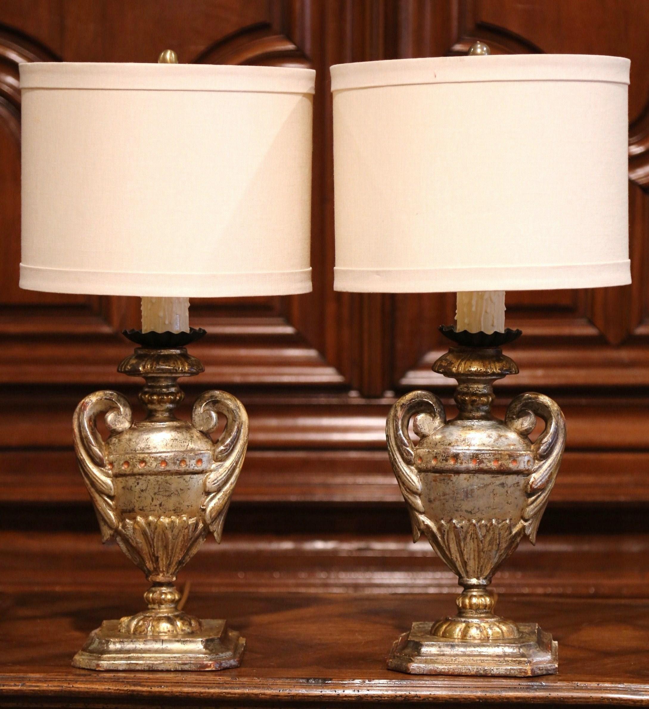 Gold Leaf Pair of Early 20th Century Italian Carved Patinated Silver and Gilt Table Lamps