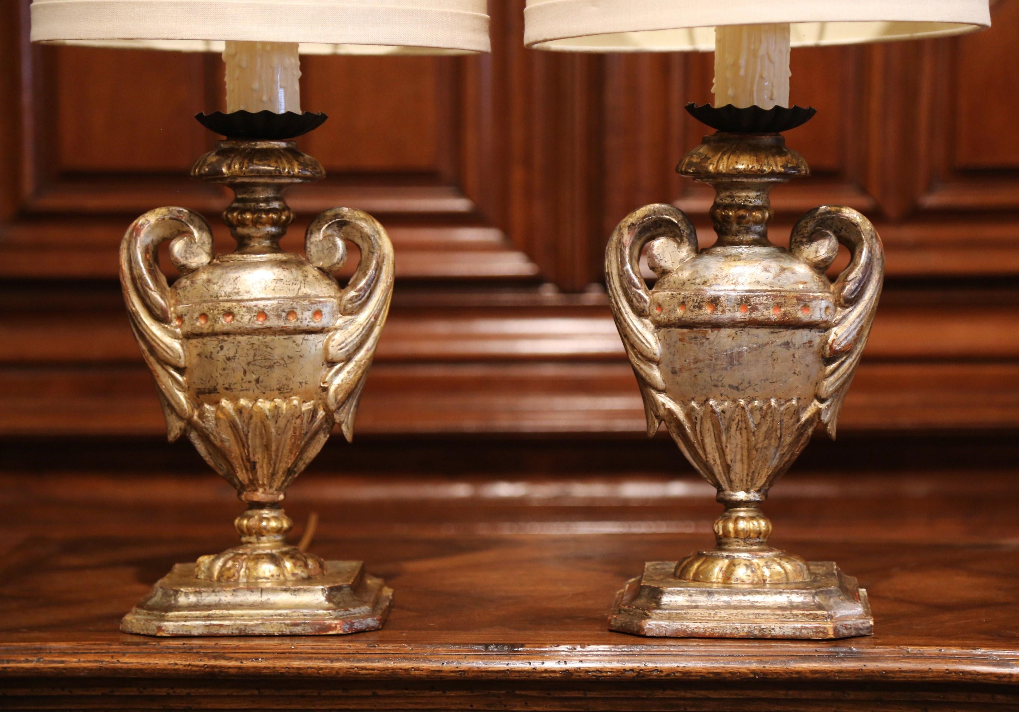 Gold Leaf Pair of Early 20th Century Italian Carved Patinated Silver and Gilt Table Lamps