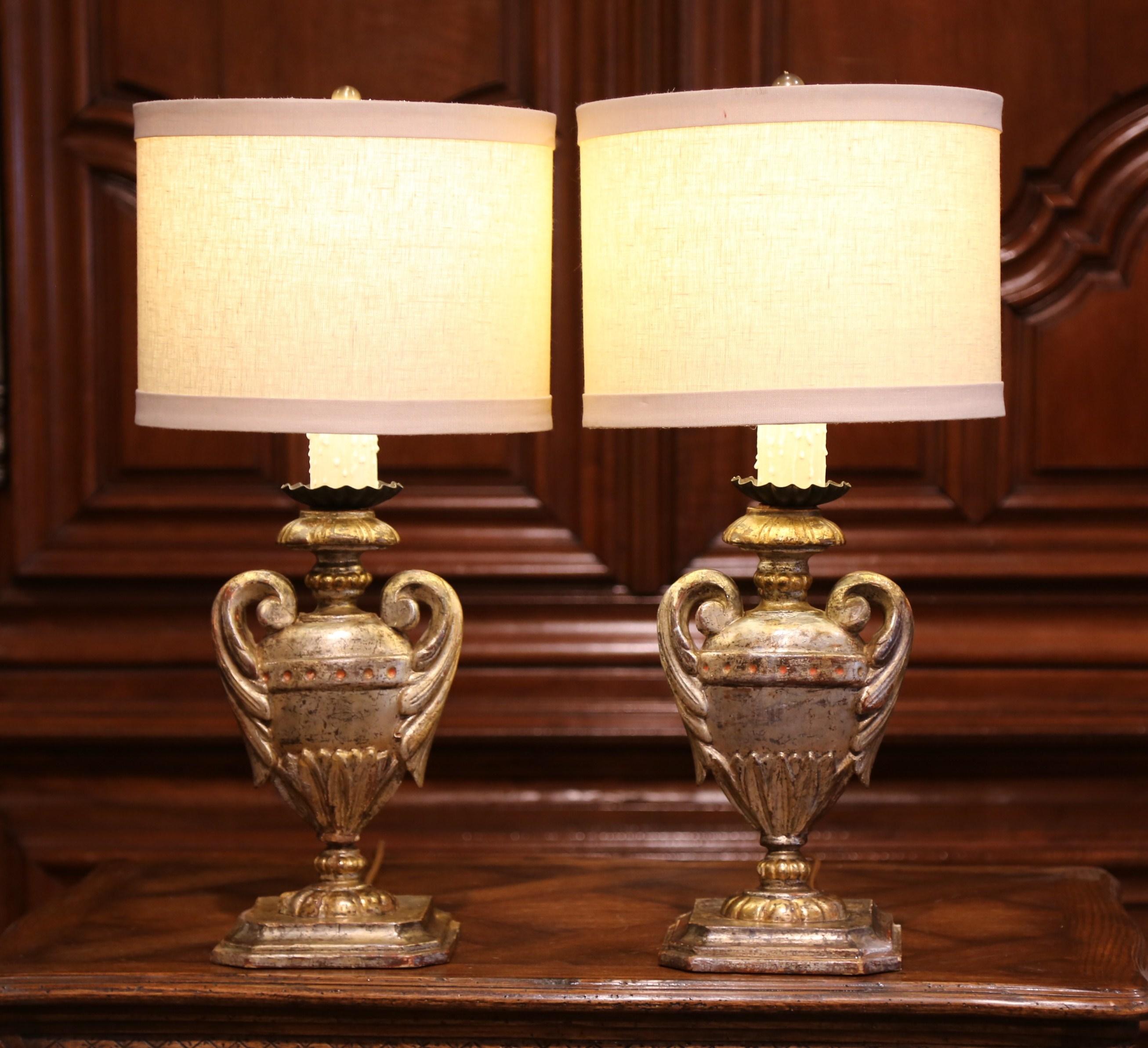 Pair of Early 20th Century Italian Carved Patinated Silver and Gilt Table Lamps 2