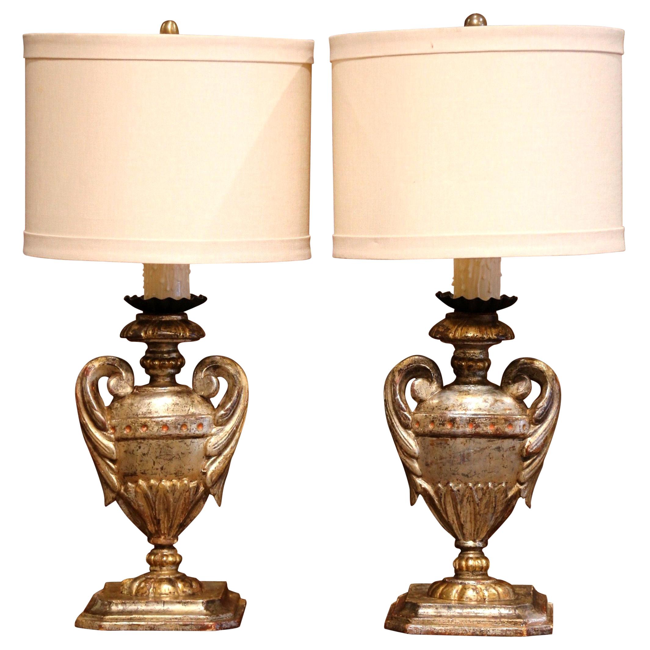 Pair of Early 20th Century Italian Carved Patinated Silver and Gilt Table Lamps