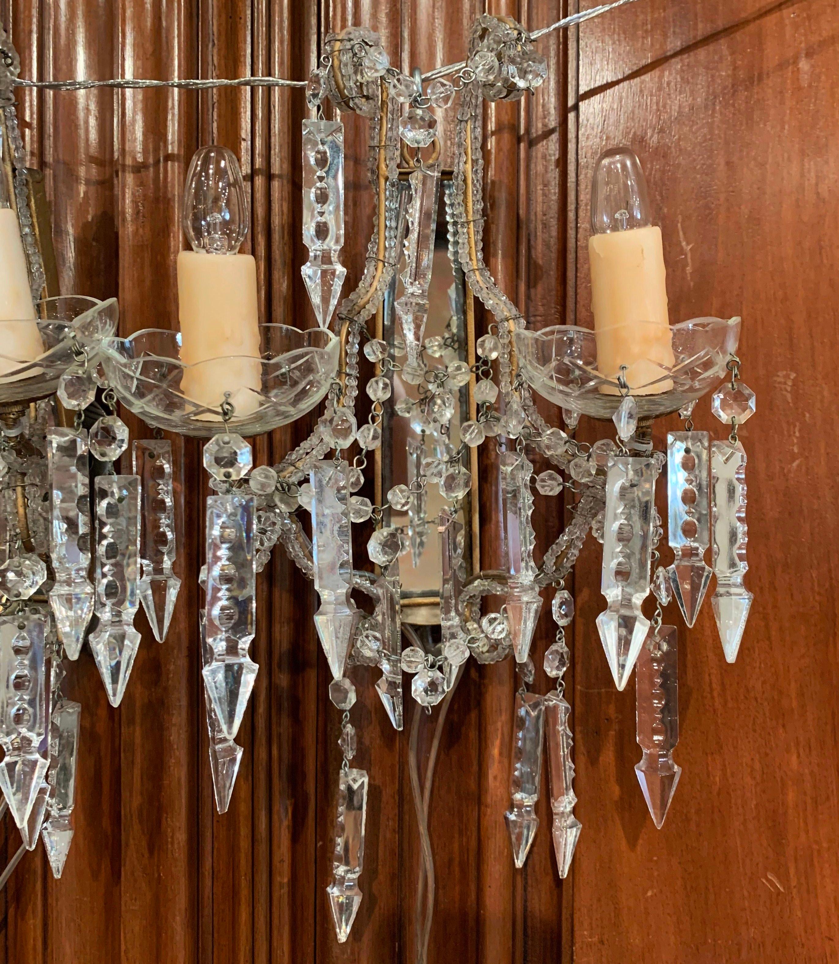 Hand-Crafted Pair of Early 20th Century Italian Crystal and Cut Glass Two-Light Wall Sconces For Sale