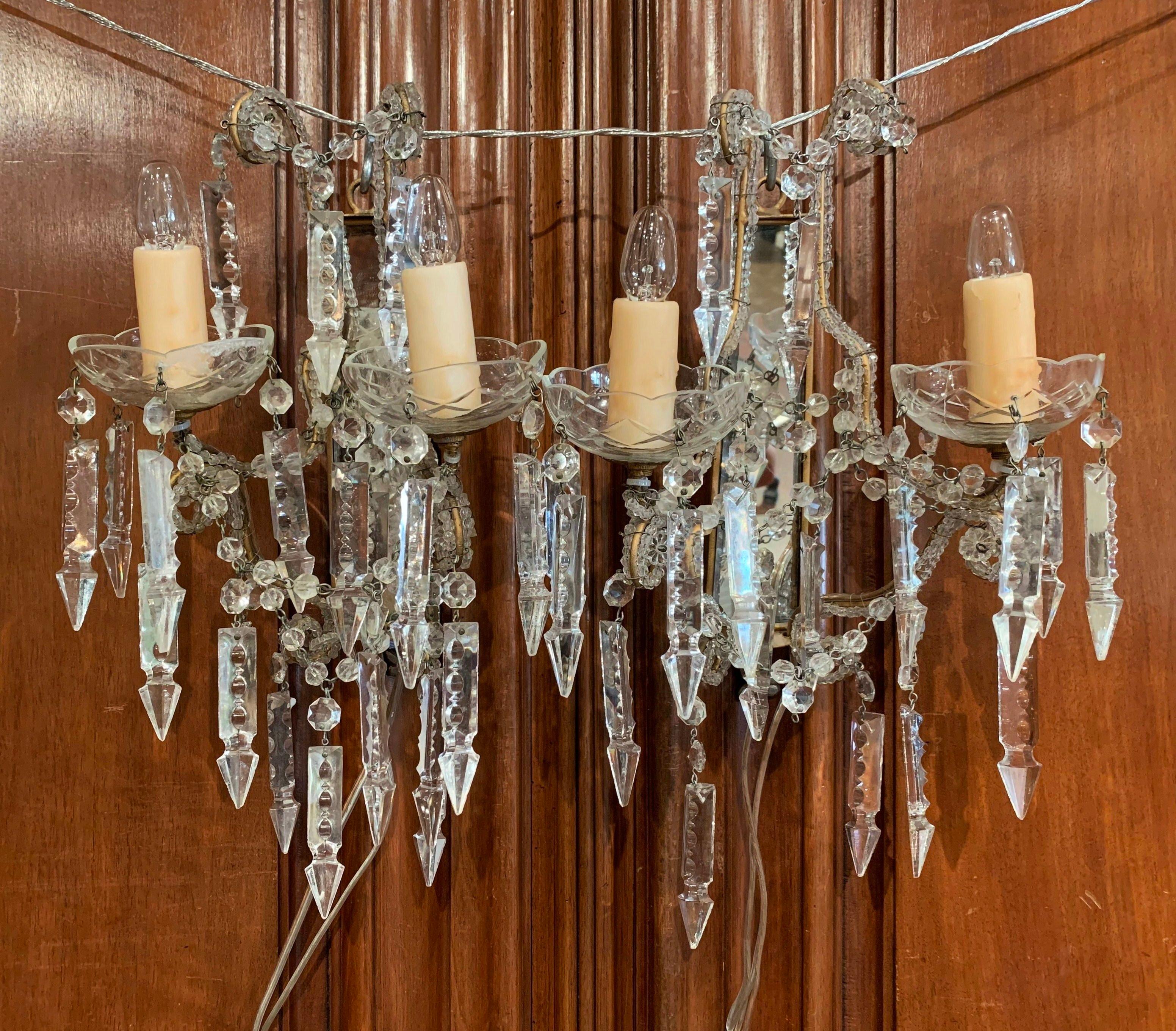 Pair of Early 20th Century Italian Crystal and Cut Glass Two-Light Wall Sconces In Excellent Condition For Sale In Dallas, TX