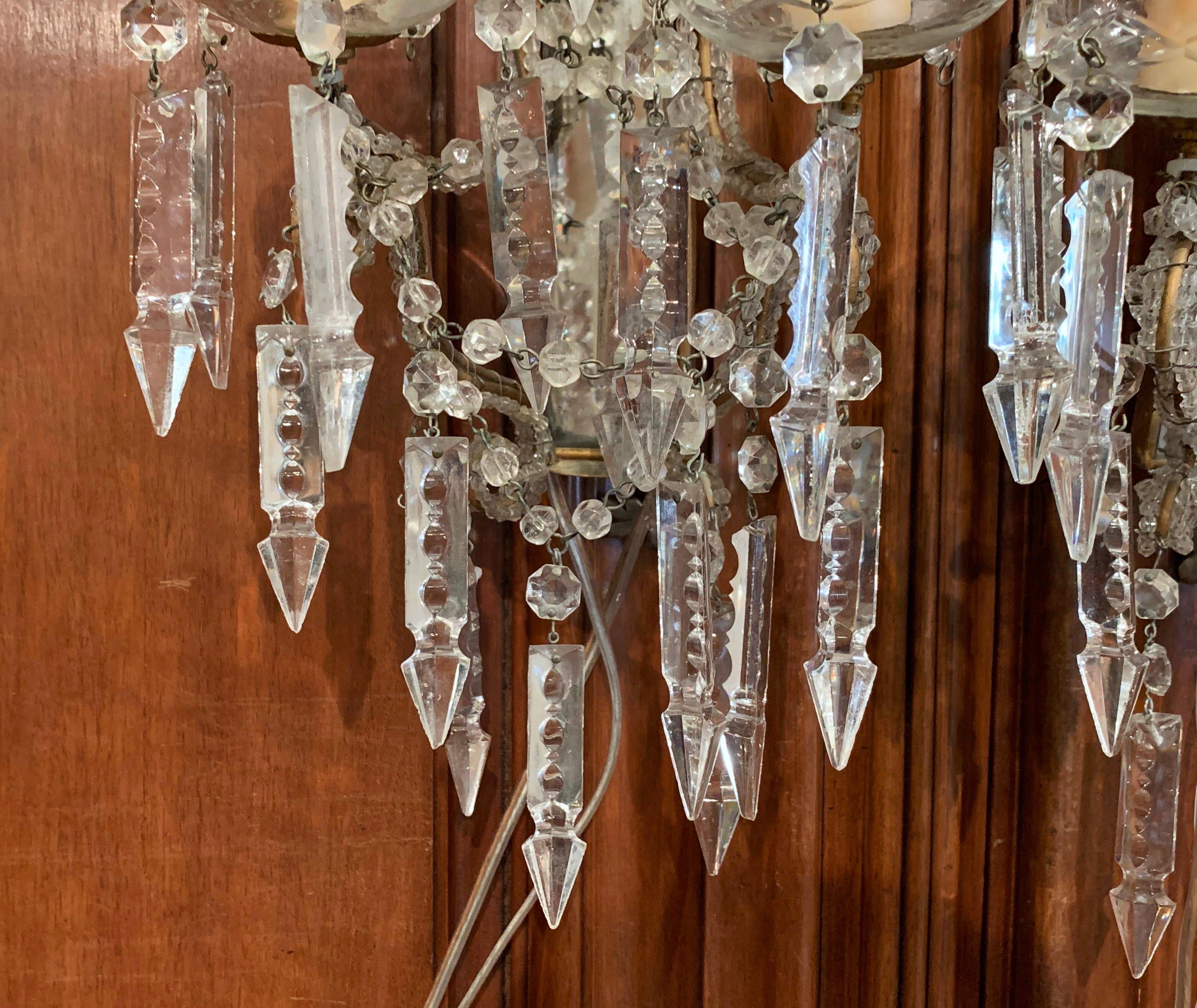 Brass Pair of Early 20th Century Italian Crystal and Cut Glass Two-Light Wall Sconces For Sale