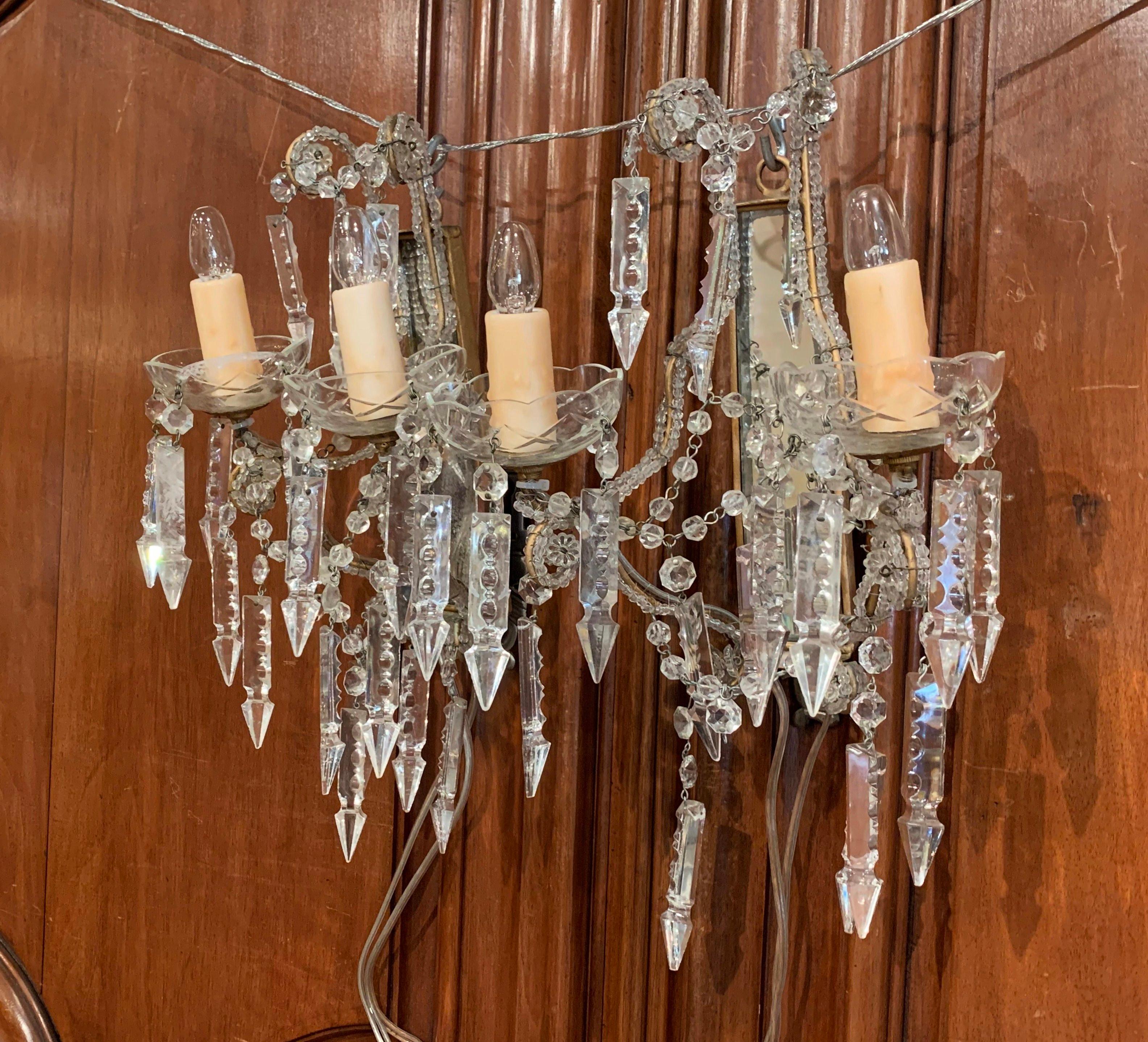 Pair of Early 20th Century Italian Crystal and Cut Glass Two-Light Wall Sconces For Sale 1