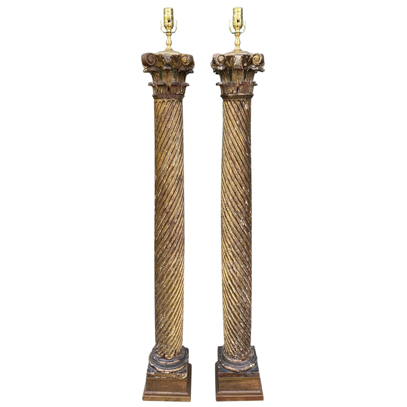 Pair of Early 20th Century Italian Giltwood Columns as Floor Lamps