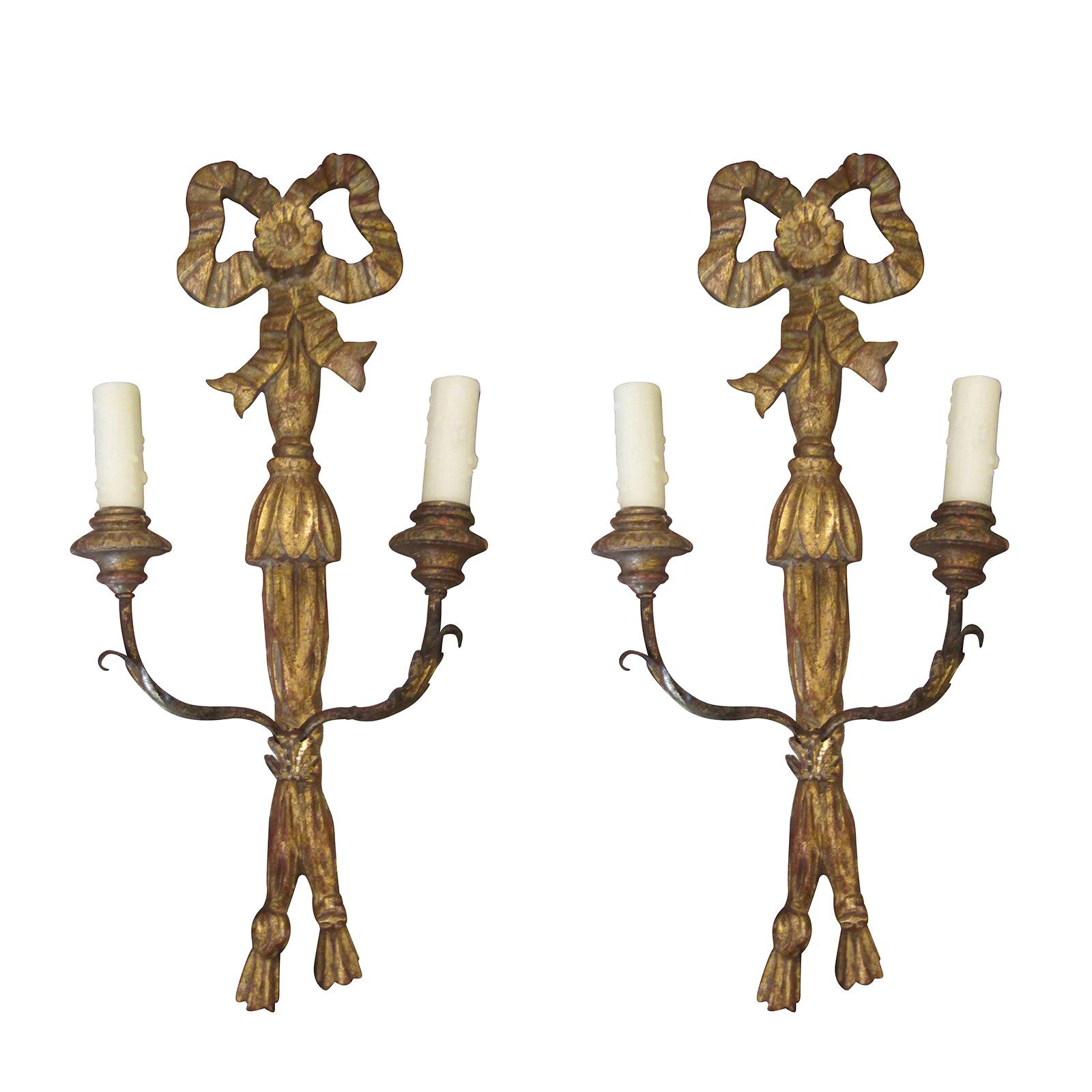 Pair of Early 20th Century Italian Giltwood Two-Arm Sconces For Sale