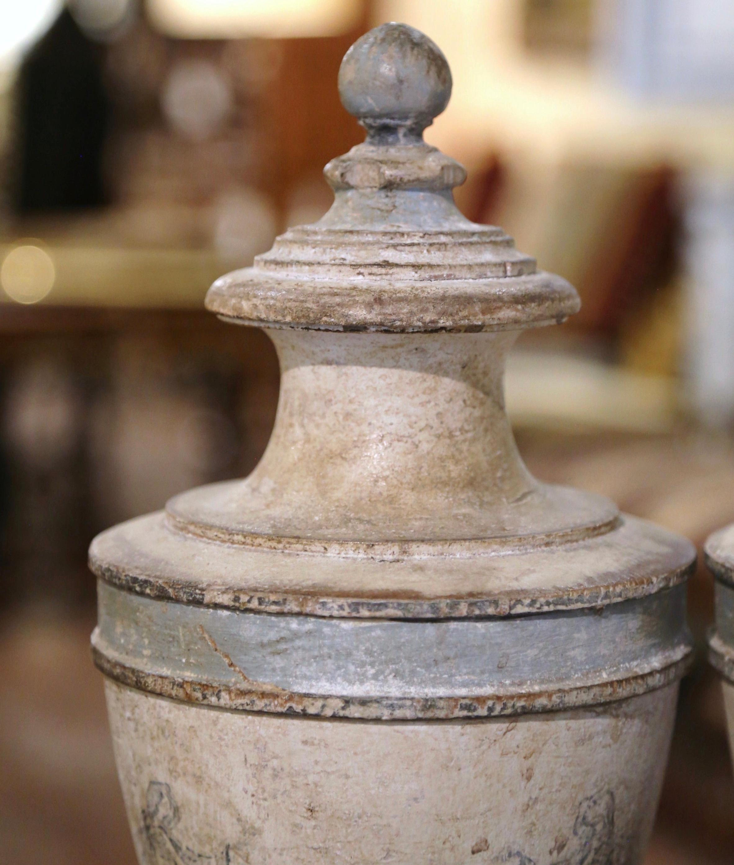 Hand-Carved Pair of Early 20th Century Italian Hand Carved Oak and Painted Urns Finials