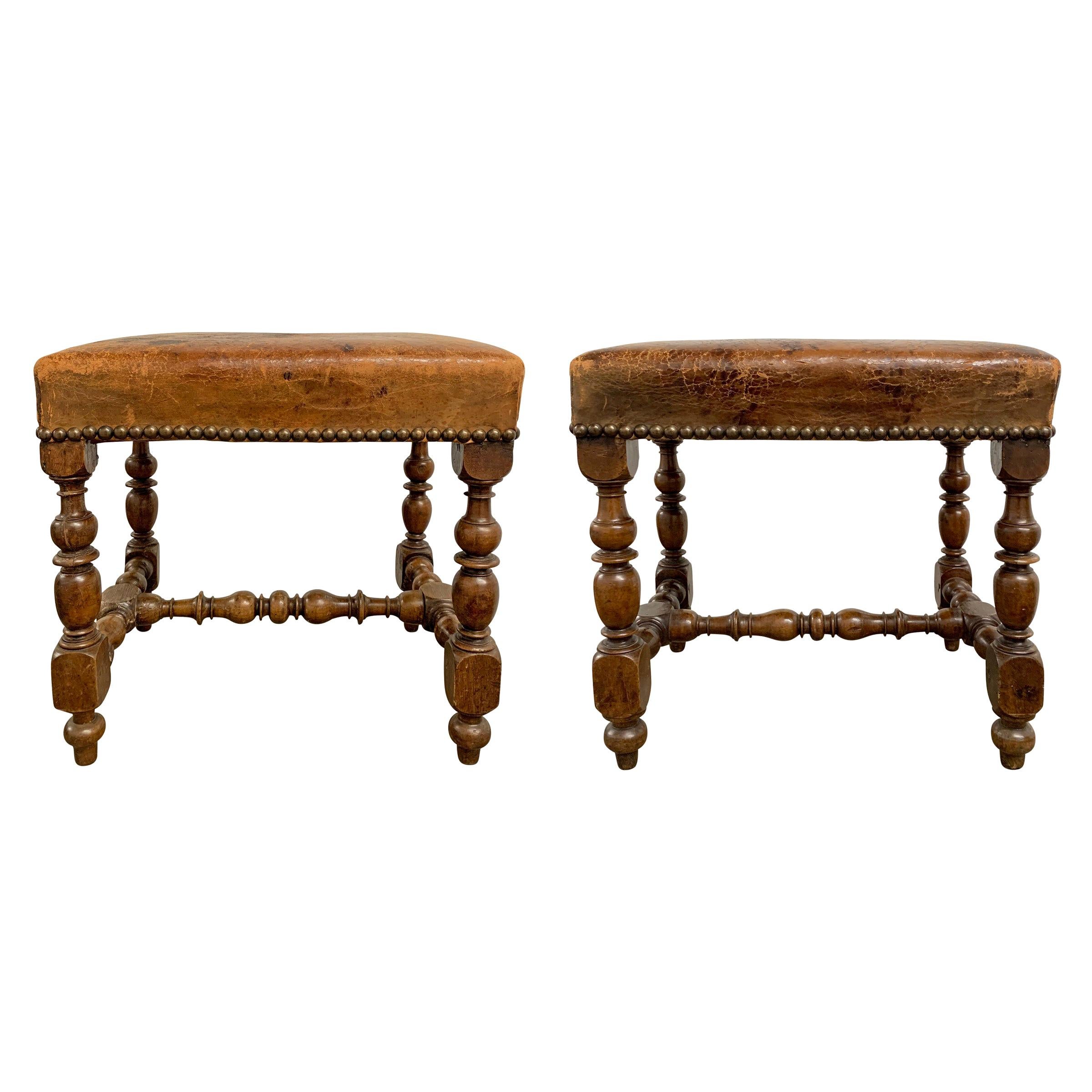 Pair of Early 20th Century Italian Leather Stools