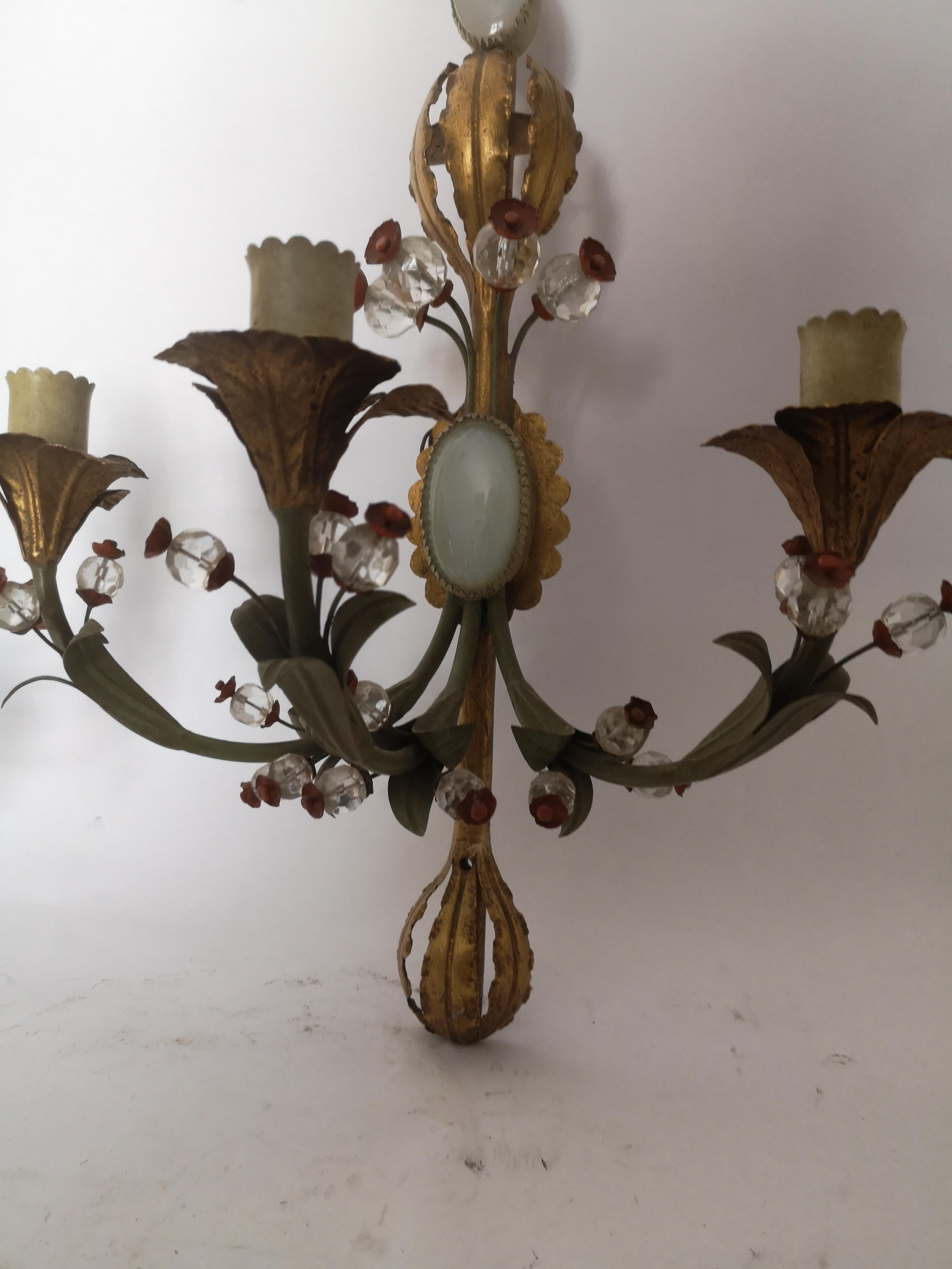 Pair of Early 20th Century Italian Murano Tole Ware Opaline Wall Lights Sonces For Sale 7