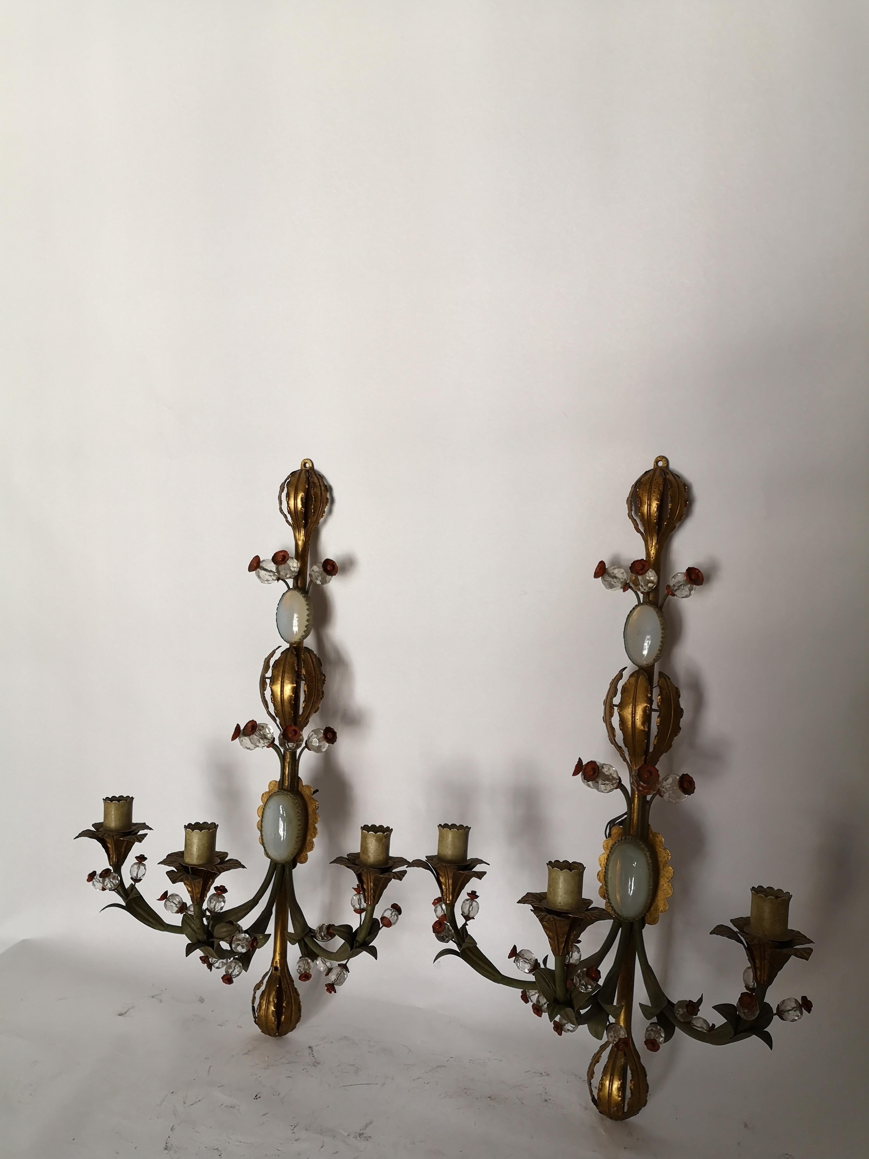 Pair of Early 20th Century Italian Murano Tole Ware Opaline Wall Lights Sonces For Sale 8