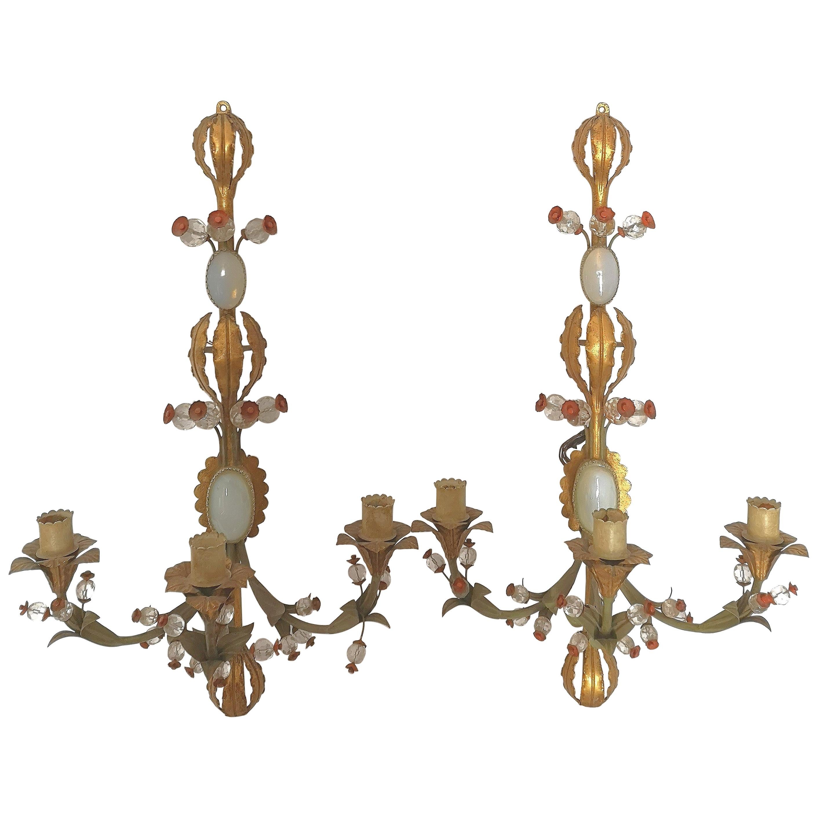 Pair of Early 20th Century Italian Murano Tole Ware Opaline Wall Lights Sonces For Sale