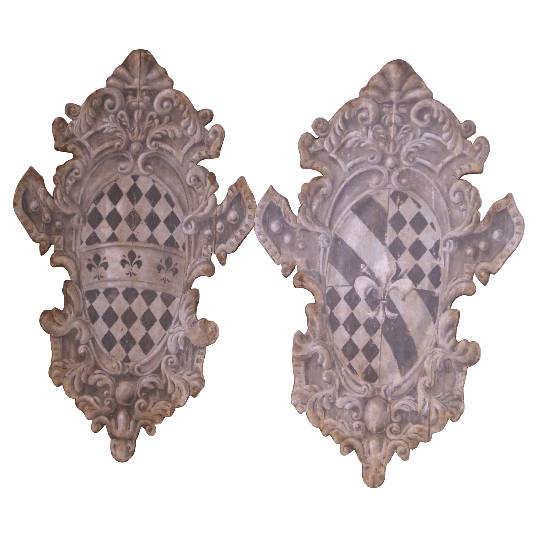 Pair of Early 20th Century Italian Painted Wood Heraldic Shield Wall Panels